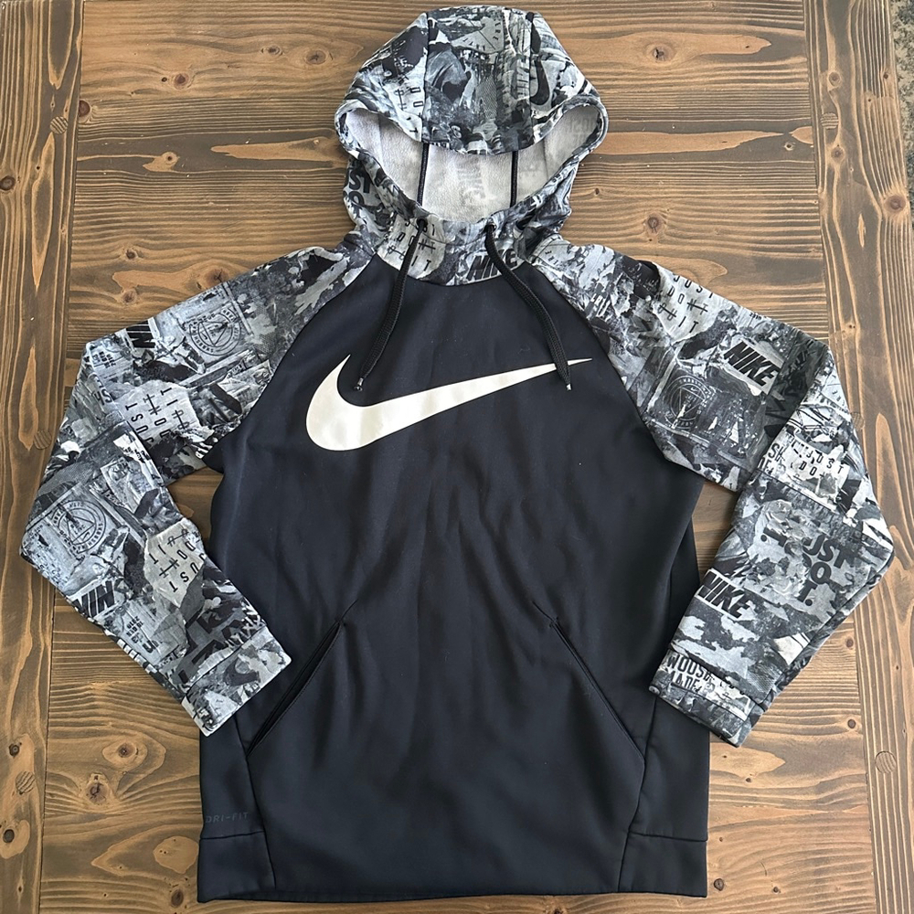 Mens Nike Dri-FIT Hoodie S Black Gray Multi Patterned Sleeve Zip Pocket Pullover